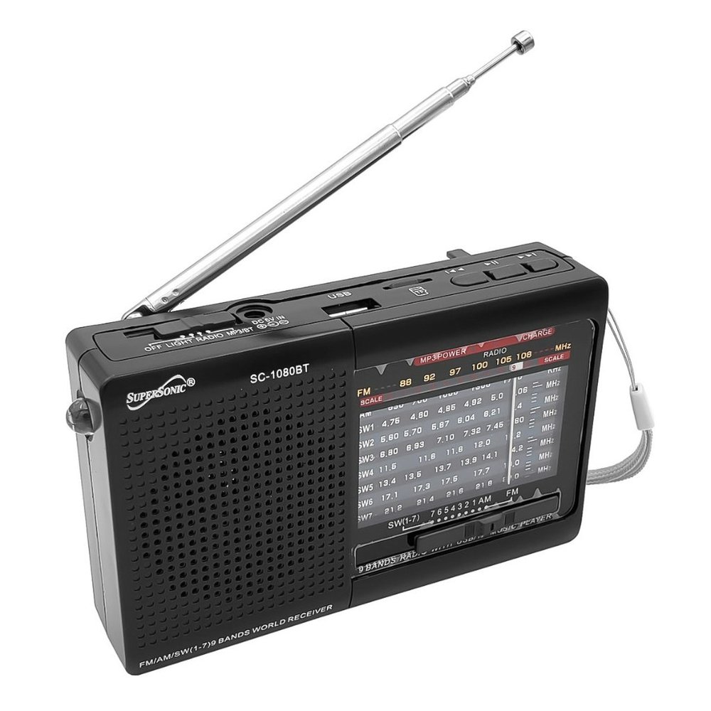Black Bluetooth AM/FM/SW 9 Band Radio W/ Flashlight USB/SD MP3 Portable Speaker